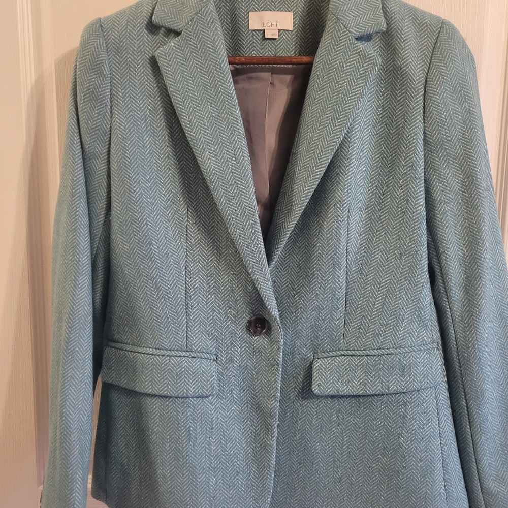 LOFT teal/gray herringbone wool blazer